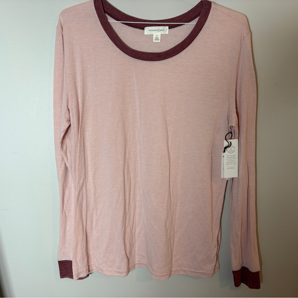 Treasure & Bond Light Pink Long Sleeve Tee with Maroon Accents